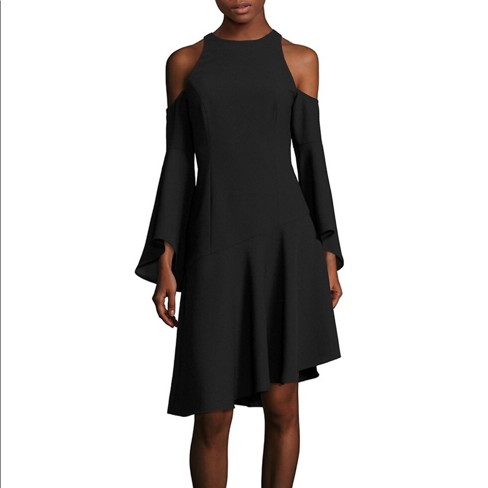 New! Scripted Cold-Shoulder Bell-Sleeve Dress M